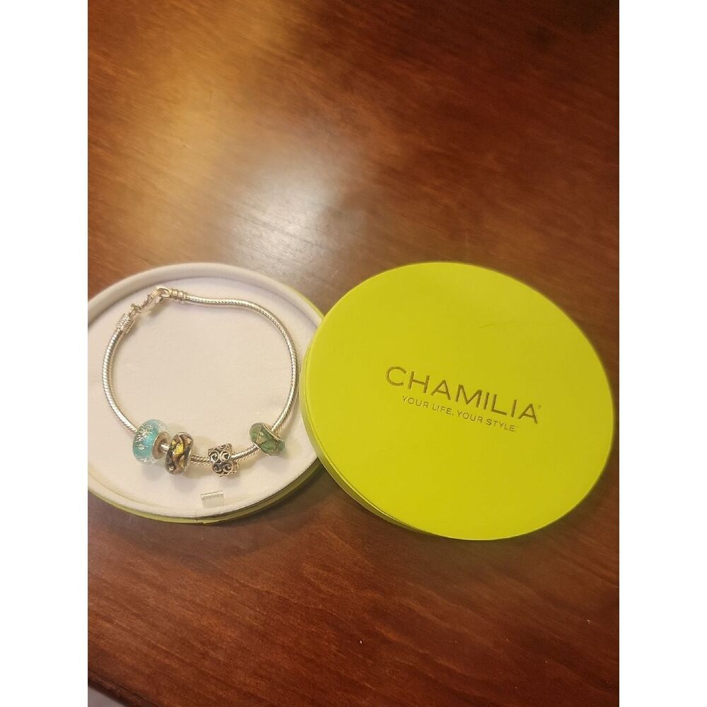 Chamilia Silver Bracelet with Aqua and Green Glass Charms
